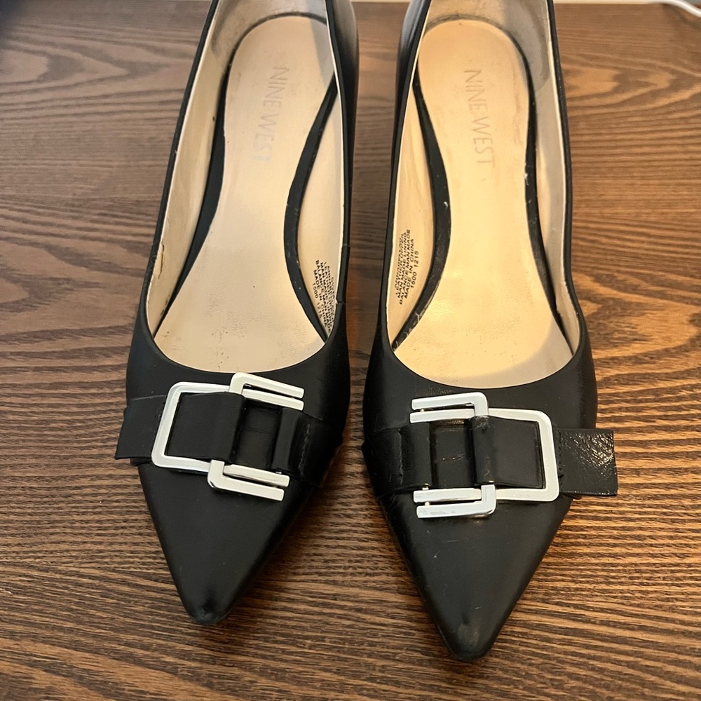Nine West Black Pointed-Toe Flats with Silver Buckles